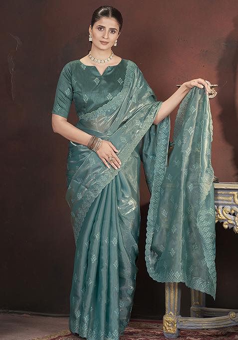 Teal Sequin Thread Embroidered Jimmy Choo Saree Set