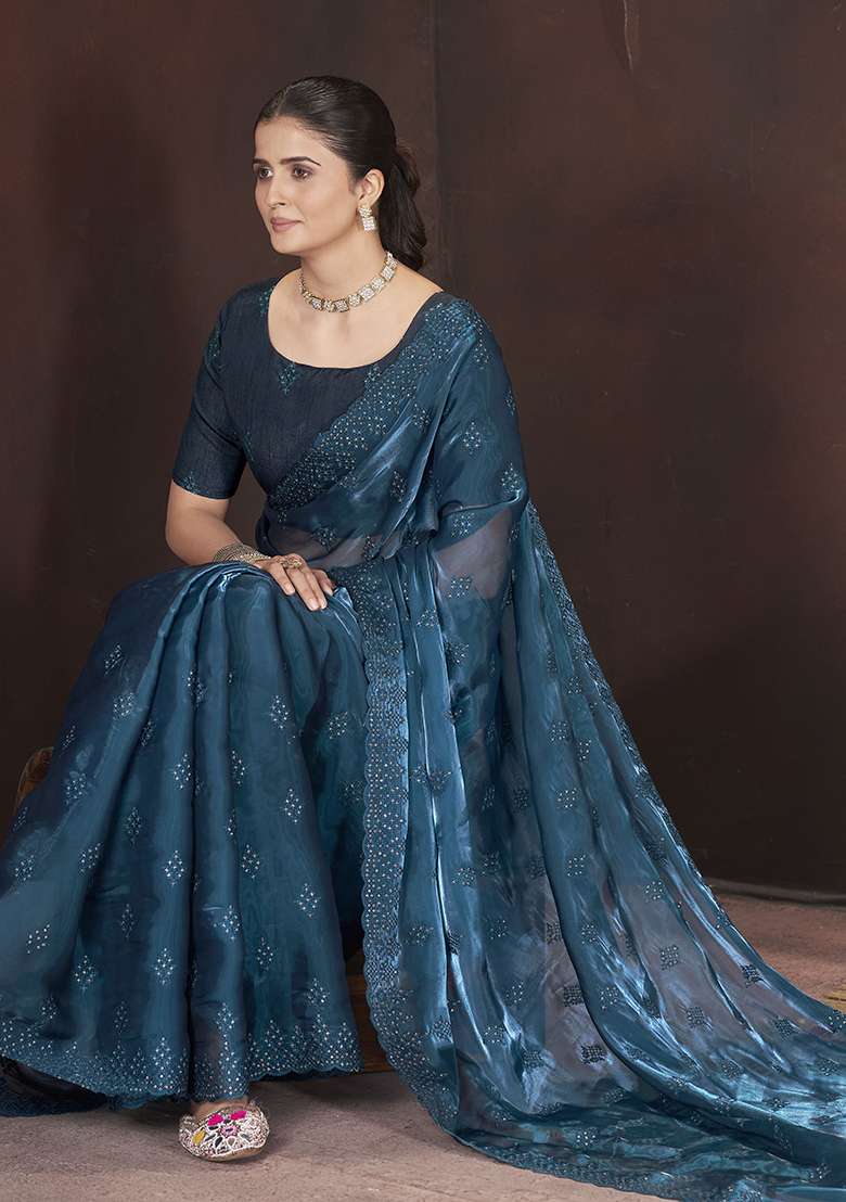 Teal Blue Sequin Thread Embroidered Jimmy Choo Saree Set - Indya