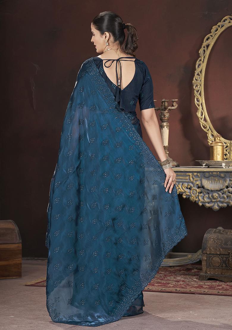 Teal Blue Sequin Thread Embroidered Jimmy Choo Saree Set