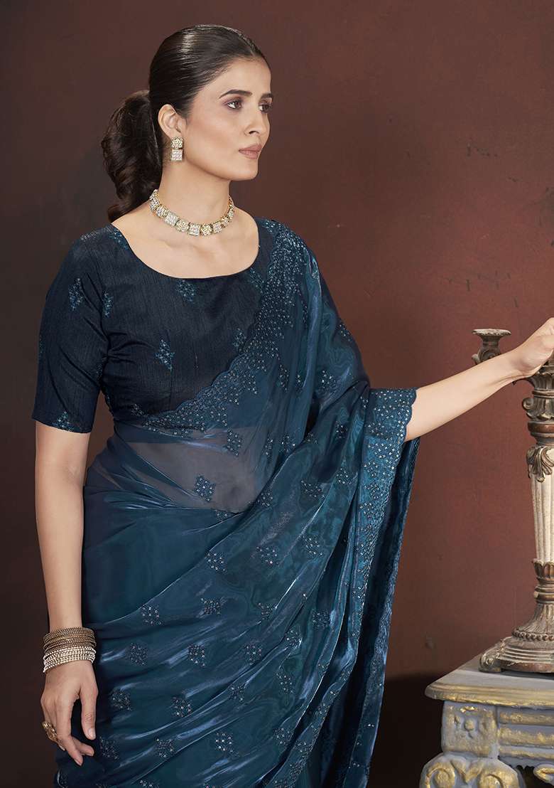 Teal Blue Sequin Thread Embroidered Jimmy Choo Saree Set - Indya