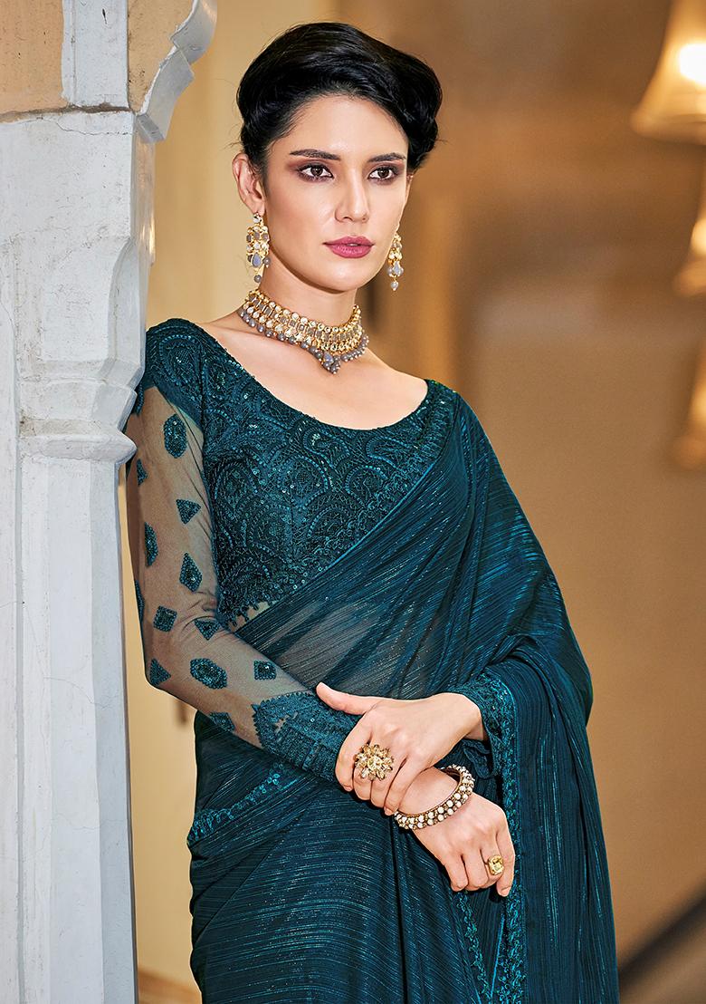 Teal Sequin Embroidered Art Silk Saree Set
