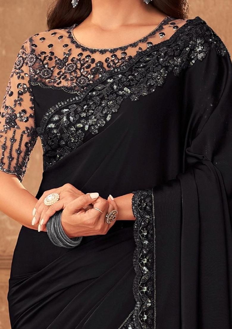 Black Sequin Embroidered Chiffon Saree Set