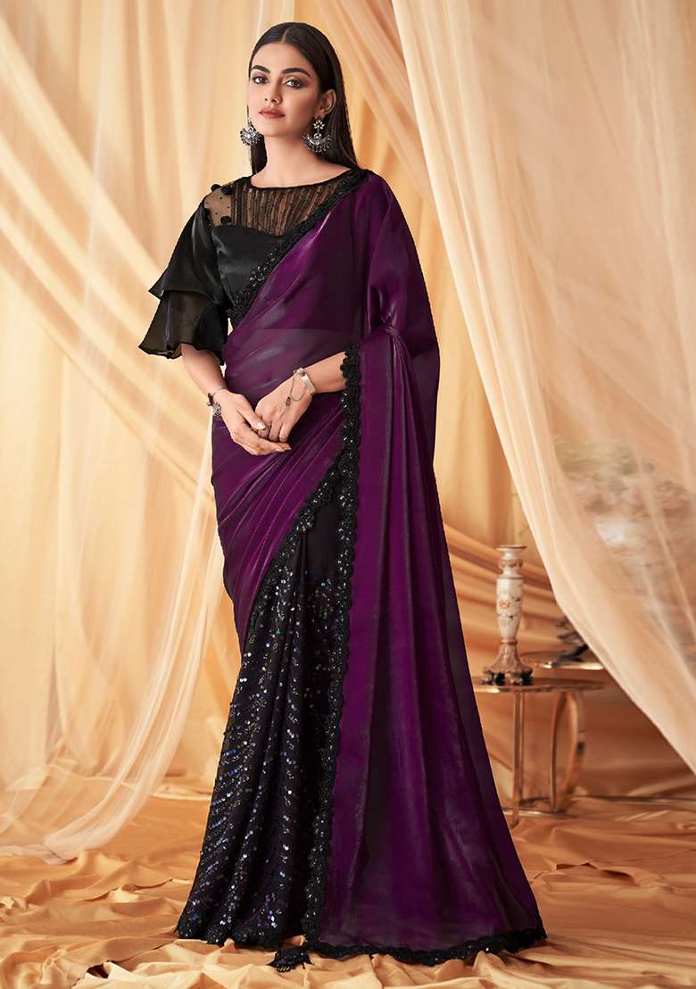 Purple Sequin Embroidered Georgette Saree Set - Indya