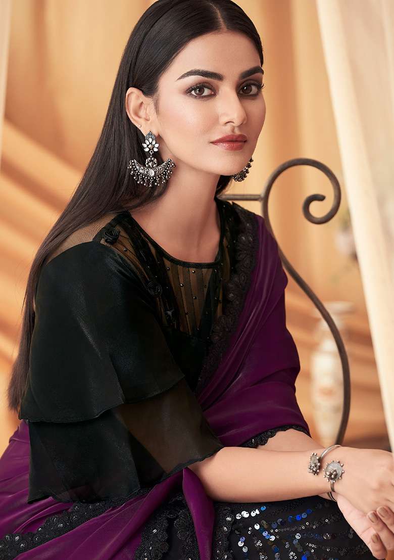 Purple Sequin Embroidered Georgette Saree Set - Indya