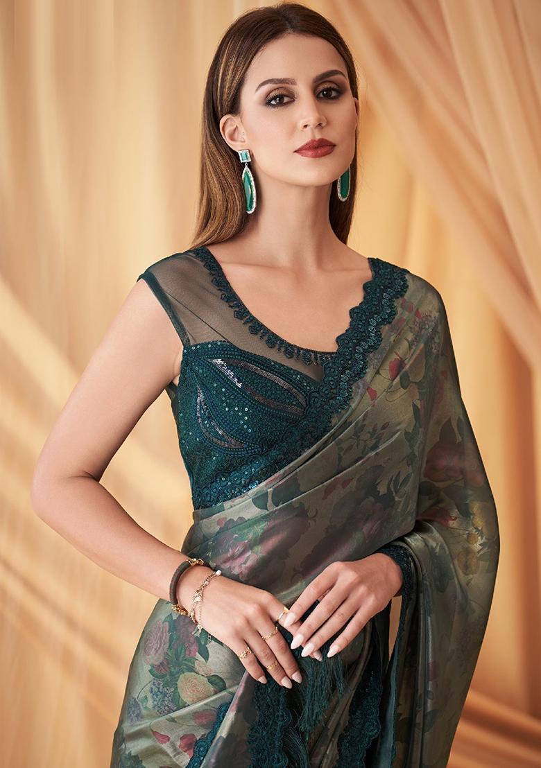 Green Sequin Embroidered Georgette Saree Set