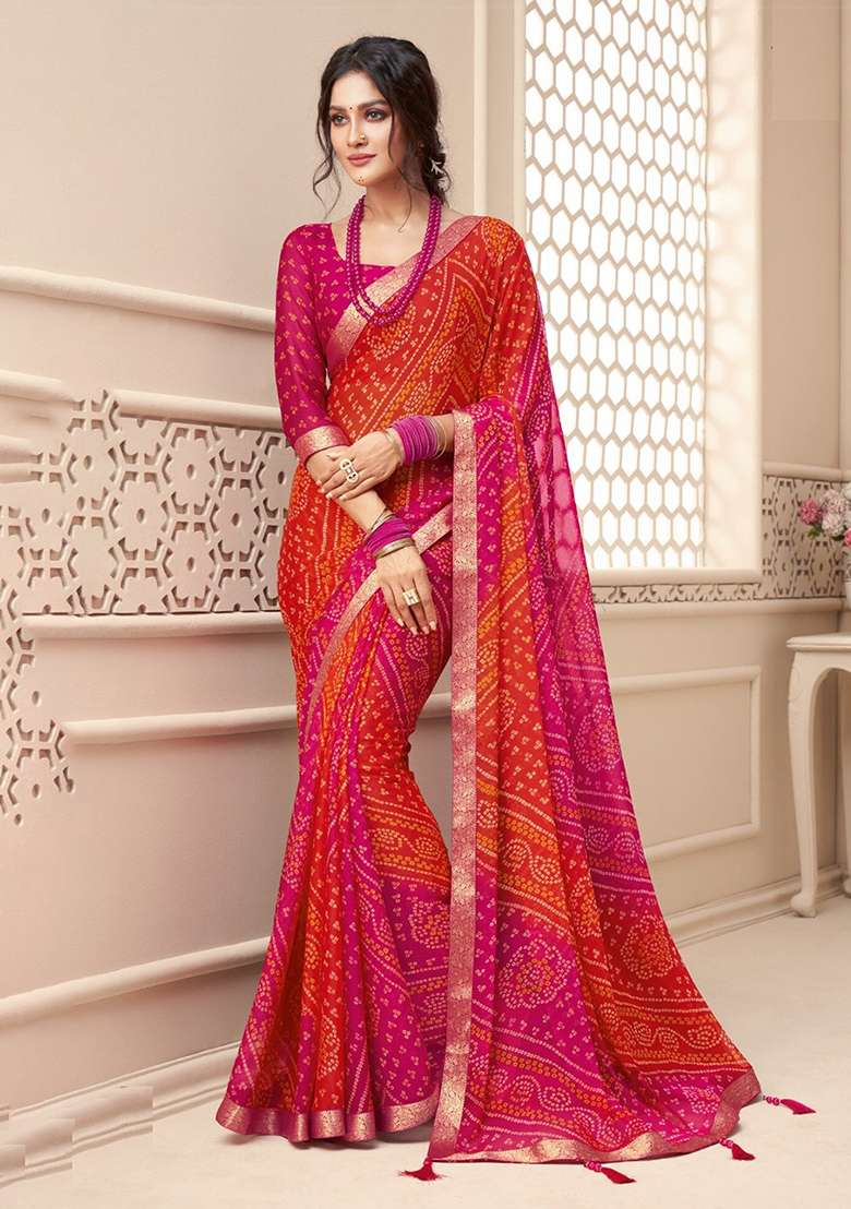 Orange And Pink Chiffon Saree Set with Bandhani Print for Diwali | Wedding & Festive Wear - Indya