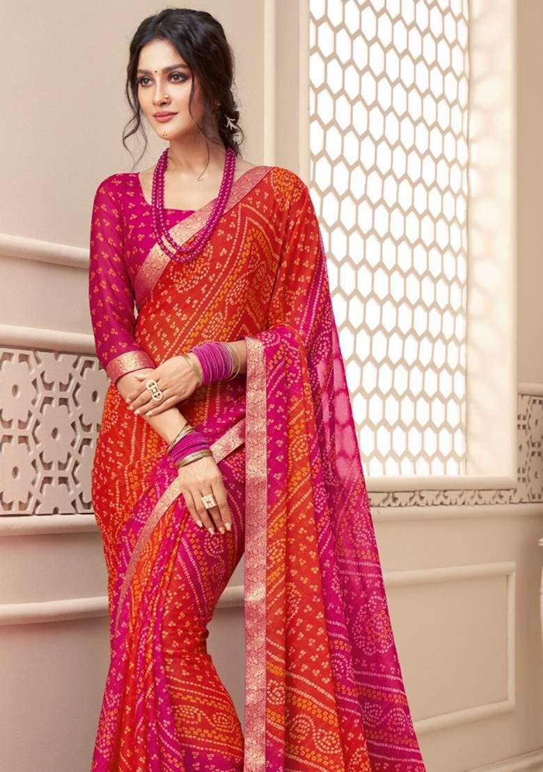 Orange And Pink Chiffon Saree Set with Bandhani Print for Diwali | Wedding & Festive Wear - Indya