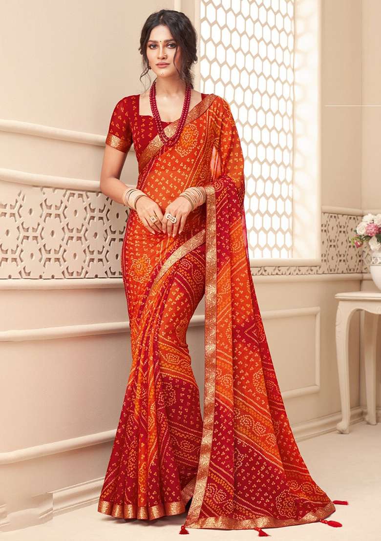 Maroon And Orange Chiffon Saree Set with Bandhani Print for Diwali | Wedding & Festive Wear - Indya