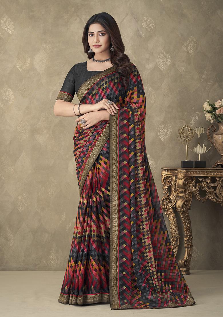 Black And Multicolor Geometric Print Chiffon Saree Set
