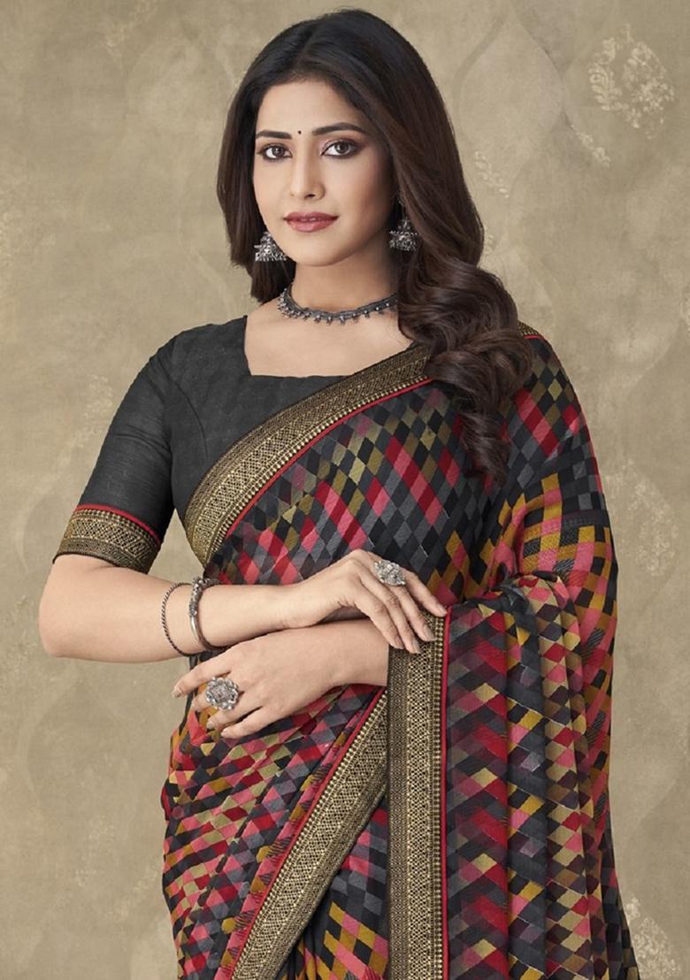 Black And Multicolor Geometric Print Chiffon Saree Set