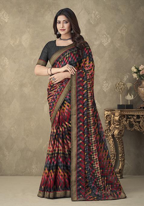 Black And Multicolor Geometric Print Chiffon Saree Set