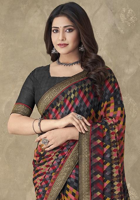 Black And Multicolor Geometric Print Chiffon Saree Set