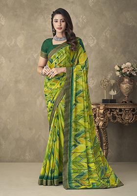 Green Geometric Print Chiffon Saree Set