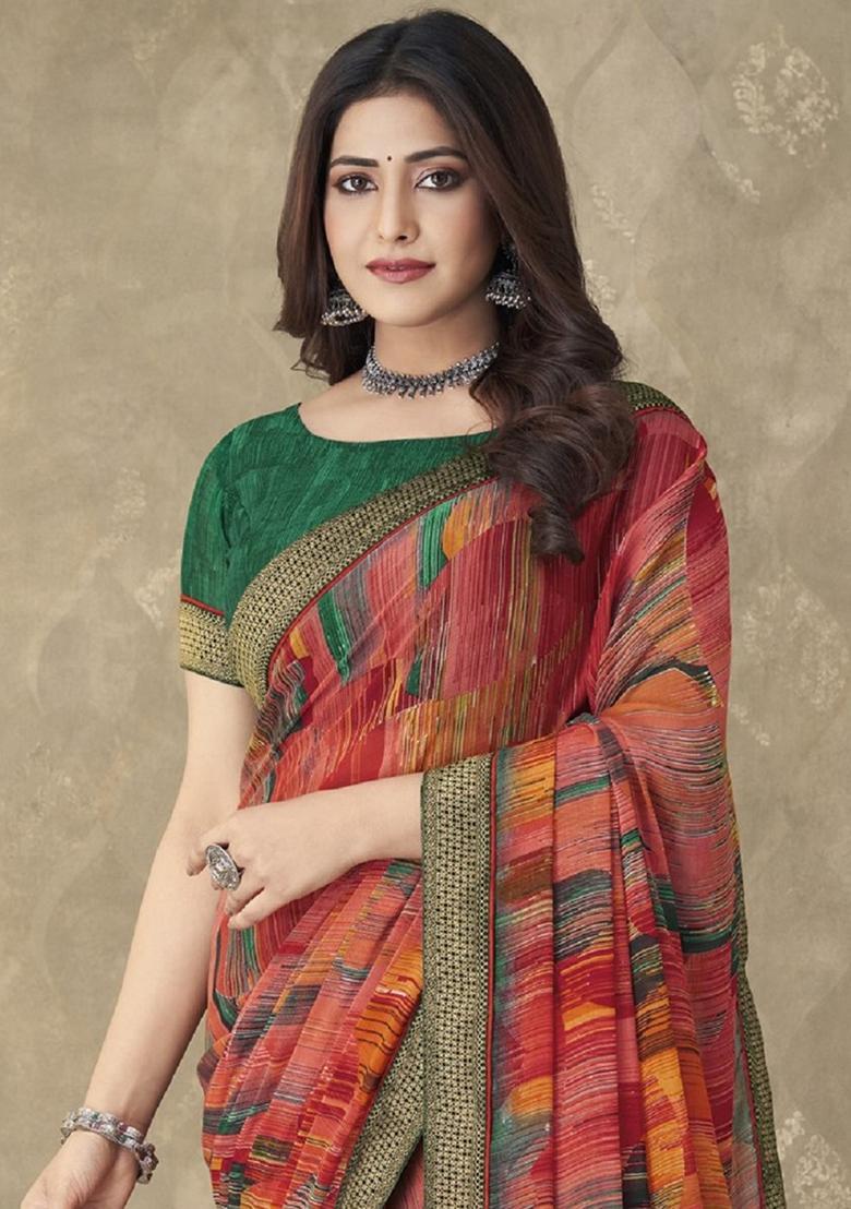 Red And Multicolor Geometric Print Chiffon Saree Set