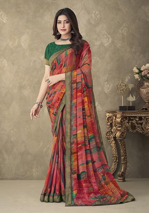 Red And Multicolor Geometric Print Chiffon Saree Set