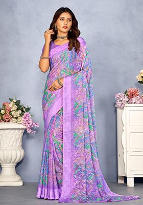 Purple Floral Digital Print Chiffon Saree Set