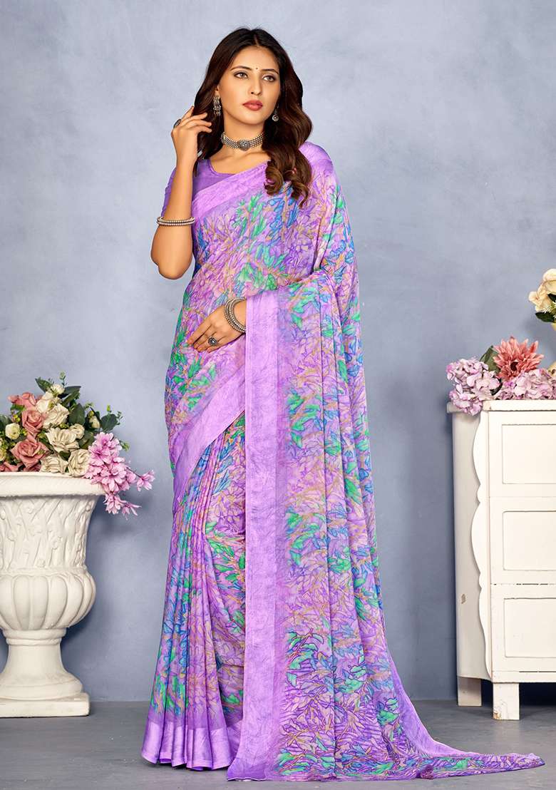 Purple Floral Digital Print Chiffon Saree Set for Diwali and Festive Wear - Indya
