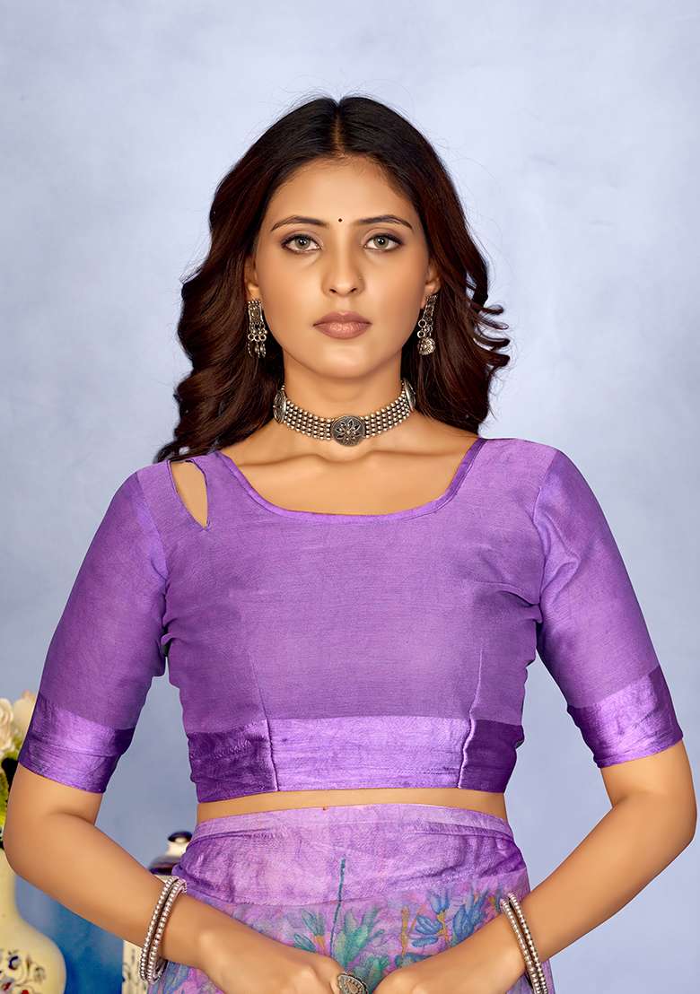 Purple Floral Digital Print Chiffon Saree Set for Diwali and Festive Wear - Indya