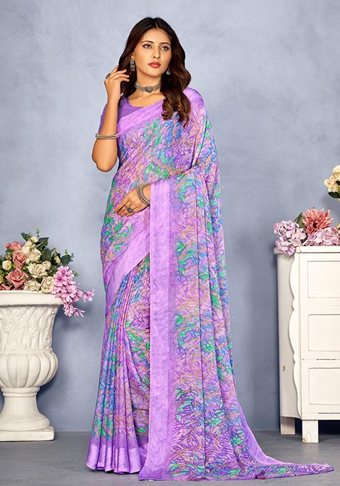 Purple Floral Digital Print Chiffon Saree Set