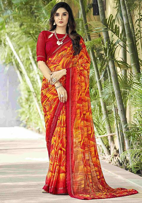 Red Geometric Print Chiffon Saree Set