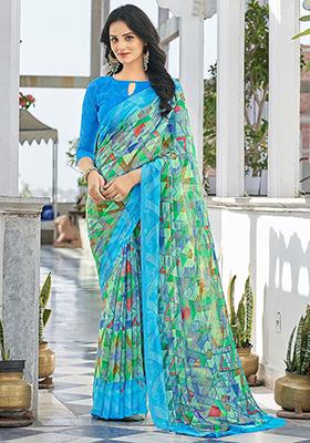 Sky Blue Geometric Print Chiffon Saree Set