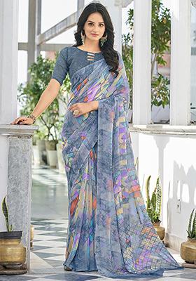 Grey Geometric Print Chiffon Saree Set