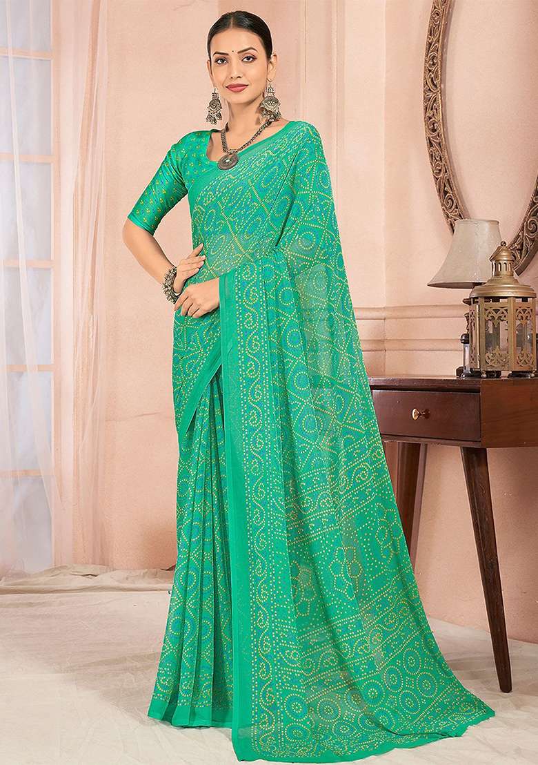 Green Chiffon Saree Set with Bandhani Print for Diwali | Wedding & Festive Wear - Indya