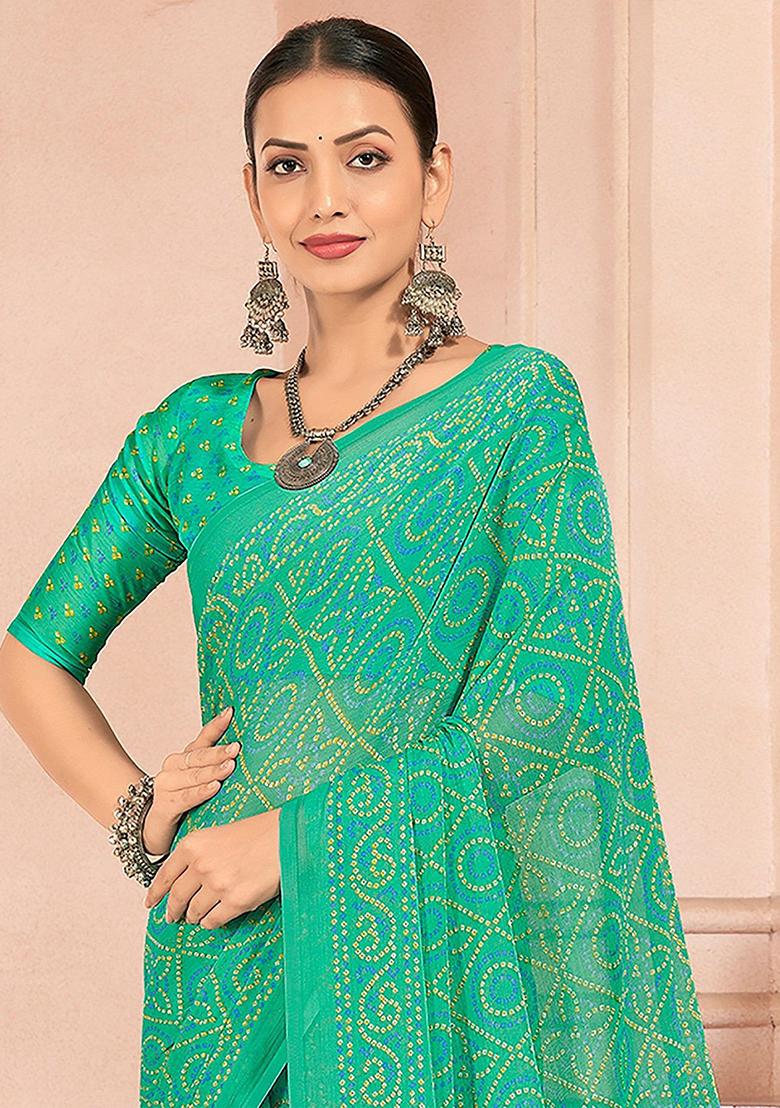 Green Bandhani Print Chiffon Saree Set