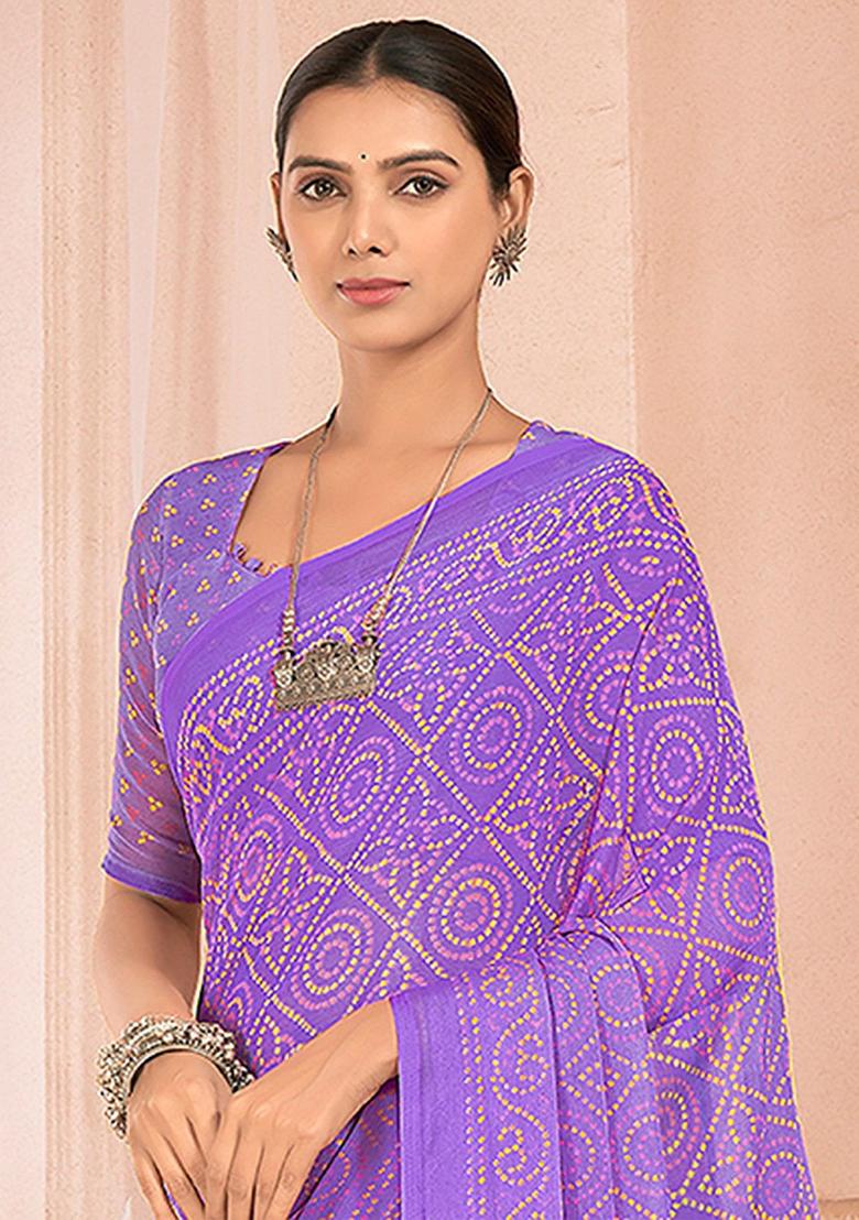 Purple Bandhani Print Chiffon Saree Set