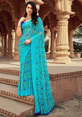 Sky Blue Floral Digital Print Chiffon Saree Set