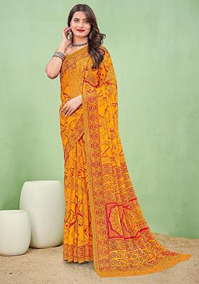 Yellow Digital Print Chiffon Saree Set