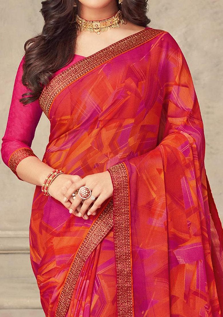 Magenta Geometric Print Chiffon Saree Set