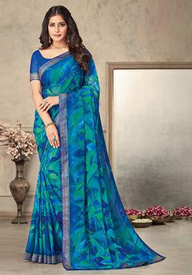 Blue Geometric Print Chiffon Saree Set