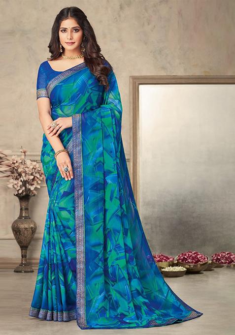 Blue Geometric Print Chiffon Saree Set