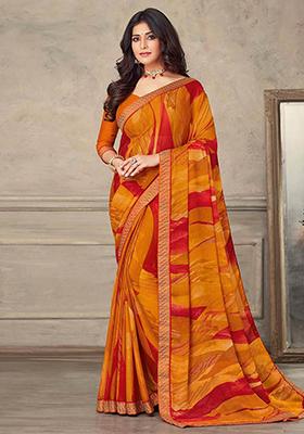 Yellow Geometric Print Chiffon Saree Set