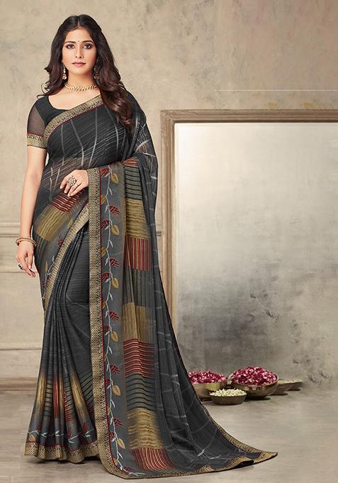Charcoal Black Geometric Print Chiffon Saree Set