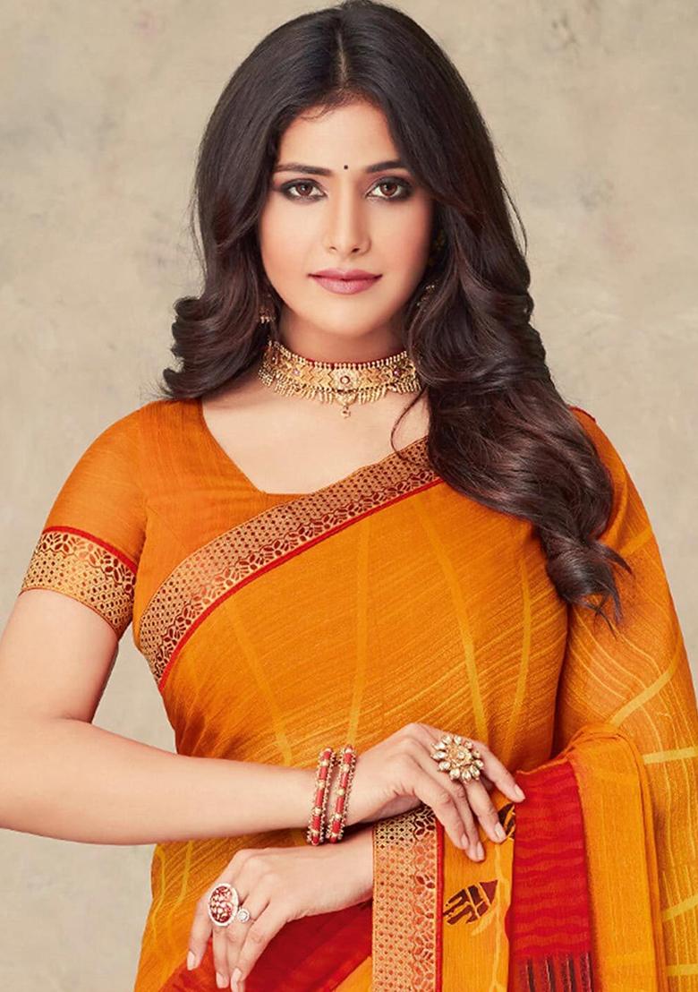 Yellow Geometric Print Chiffon Saree Set