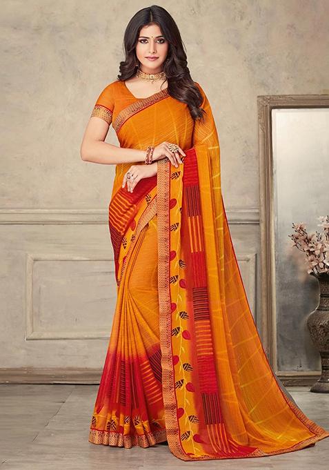 Yellow Geometric Print Chiffon Saree Set