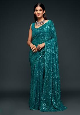 Teal Blue Embroidered Saree Set
