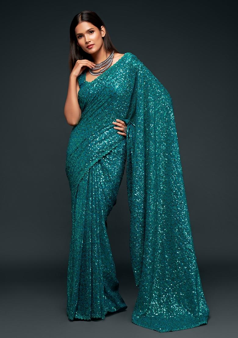 Teal Blue Embroidered Saree Set