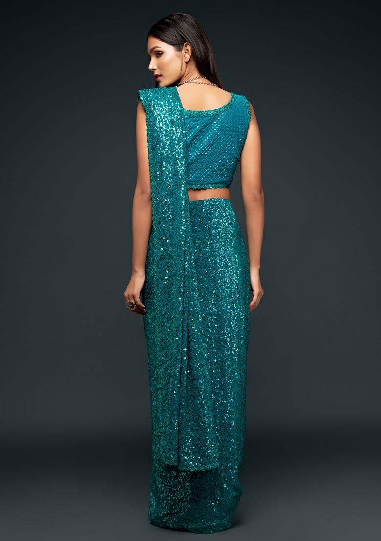 Teal Blue Embroidered Saree Set