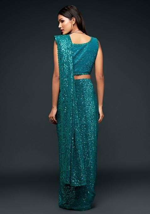 Teal Blue Embroidered Saree Set