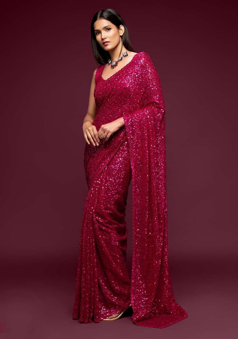 Hot Pink Embroidered Saree Set for Diwali and Festive Wear - Indya