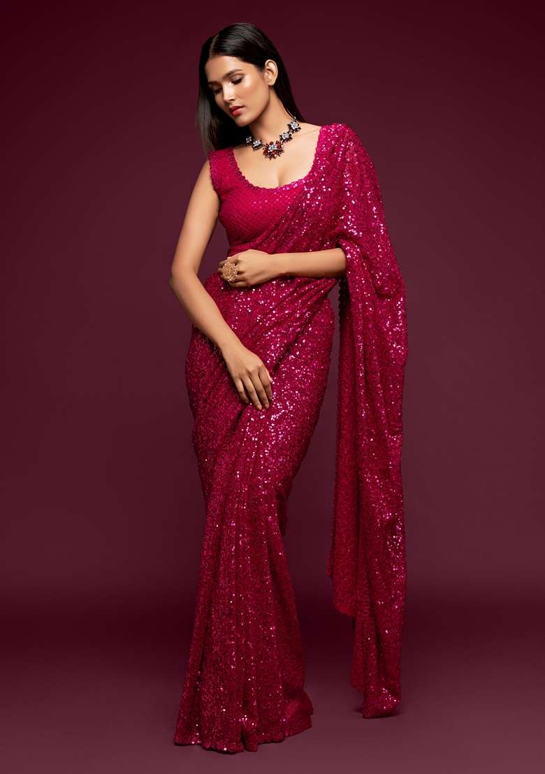 Hot Pink Embroidered Saree Set for Diwali and Festive Wear - Indya