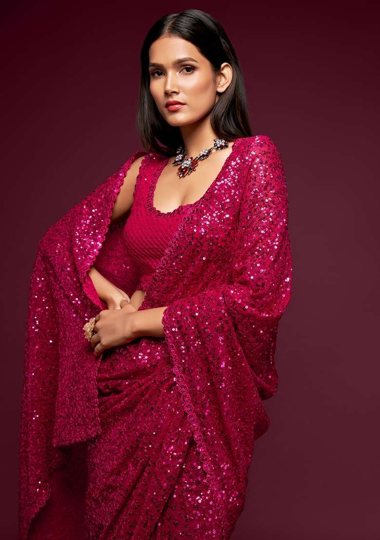 Hot Pink Embroidered Saree Set for Diwali and Festive Wear - Indya