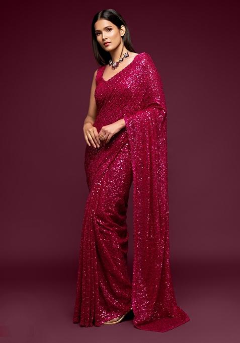 Hot Pink Embroidered Saree Set