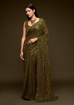 Olive Green Embroidered Saree Set