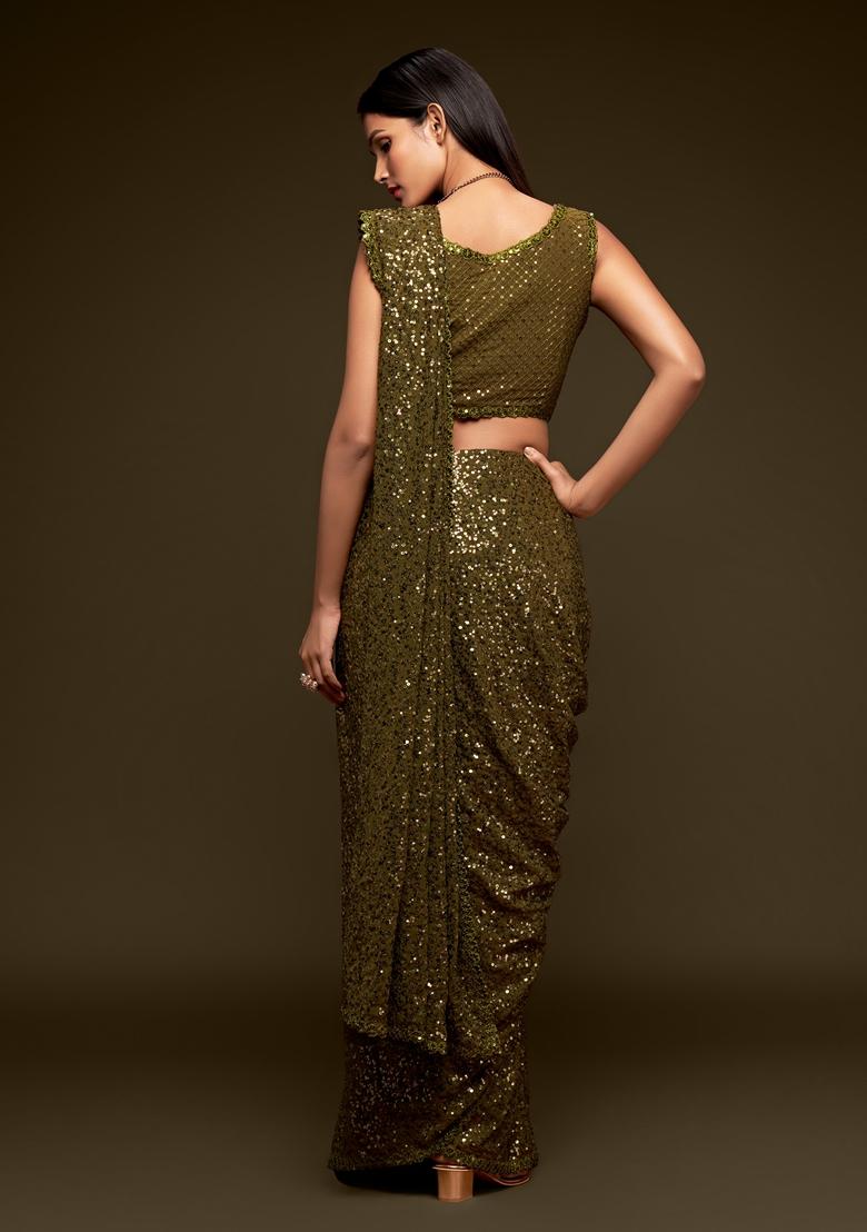 Olive Green Embroidered Saree Set