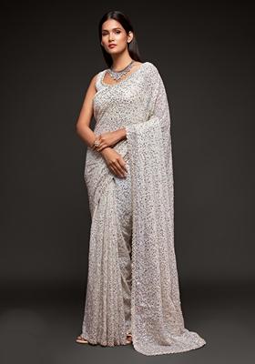 Pearl White Embroidered Saree Set