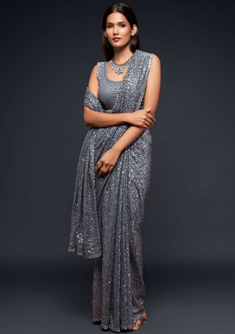 Slate Grey Embroidered Saree Set for Diwali and Festive Wear - Indya